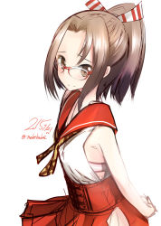 Rule 34 | 10s, 1girl, bad id, bad pixiv id, brown eyes, brown hair, glasses, high ponytail, japanese clothes, kantai collection, nekobaka, ponytail, short hair, simple background, solo, white background, zuihou (kancolle)