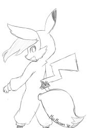 Rule 34 | 1girl, animal ear fluff, animal ears, artist name, braixen, clothed pokemon, cosplay, creatures (company), dated, fang, female focus, fox ears, fox tail, from behind, furry, furry female, game freak, gen 1 pokemon, gen 6 pokemon, greyscale, happy, highres, hood, jpeg artifacts, jumpsuit, long sleeves, looking at viewer, looking back, mezmaroon, monochrome, nintendo, open mouth, pikachu, pikachu (cosplay), pokemon, signature, simple background, sketch, smile, solo, standing, tail, white background