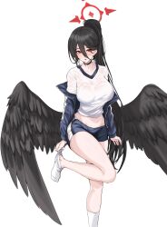 Rule 34 | 1girl, absurdres, arms at sides, black choker, black feathers, black hair, black wings, blue archive, blue jacket, breasts, choker, collarbone, commentary request, feathers, full body, gym shorts, gym uniform, hair between eyes, halo, hasumi (blue archive), hasumi (track) (blue archive), high ponytail, highres, jacket, large breasts, light blush, long hair, long sleeves, looking at viewer, low wings, midriff, navel, off shoulder, open mouth, parted lips, red eyes, shirt, short sleeves, shorts, simple background, slit pupils, socks, solo, standing, standing on one leg, taut clothes, taut shirt, thighs, undressing, vanko (vank0a), very long hair, white background, white socks, wings