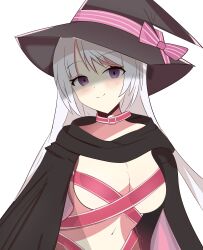 Rule 34 | 1girl, absurdres, angry, ayachi nene, belt, belt bra, belt collar, black cloak, black hat, blush, bow, breasts, cleavage, cleveland1024, cloak, closed mouth, collar, commentary request, curvy, empty eyes, eyes visible through hair, grey hair, hair between eyes, hat, hat bow, highres, large breasts, long hair, looking at viewer, navel, pink belt, pink bow, sanoba witch, shaded face, simple background, smile, solo, split mouth, straight hair, upper body, very long hair, white background, witch hat
