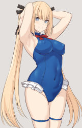Rule 34 | 1girl, armpits, arms behind head, arms up, bare shoulders, blonde hair, blue eyes, blue leotard, blue one-piece swimsuit, blush, breasts, dead or alive, dead or alive 5, frilled leotard, frills, hair ribbon, leotard, long hair, looking at viewer, marie rose, medium breasts, one-piece swimsuit, ribbon, shiseki hirame, smile, swimsuit, thighs, twintails