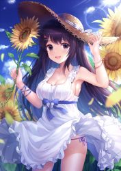 Rule 34 | 1girl, bad id, bad pixiv id, black hair, blue blood moon, blue bow, blue ribbon, blue sky, blush, bow, bracelet, breasts, cleavage, cloud, collarbone, day, dress, flower, hair ornament, hairclip, hat, hat bow, hat ribbon, heart, heart hair ornament, holding, holding flower, jewelry, large breasts, lens flare, long hair, looking at viewer, multicolored bow, multicolored ribbon, open mouth, original, outdoors, purple eyes, ribbon, sky, smile, solo, sun hat, very long hair, white bow, white dress, white ribbon