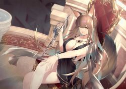 Rule 34 | 1girl, absurdres, animal ears, arknights, bare arms, bare shoulders, black dress, brown hair, commentary, dress, dutch angle, feet out of frame, female focus, fox ears, franka (arknights), highres, holding, holding sword, holding weapon, jiusan naitang, long hair, parted lips, sitting, solo, sword, thighs, very long hair, weapon, yellow eyes