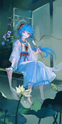 Rule 34 | 1girl, :|, ahoge, arrow (projectile), blue hair, bracelet, chinese clothes, closed mouth, commentary, flower, ganyu (genshin impact), genshin impact, goat horns, hanfu, highres, holding, holding arrow, horns, jewelry, layered sleeves, long hair, lotus, morning glory, purple eyes, qingxin gua yu, sitting, soaking feet, solo, water