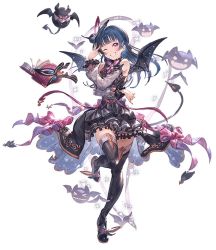 Rule 34 | 1girl, artist name, artist request, bare shoulders, beaker, black feathers, black footwear, black thighhighs, black wings, blue hair, blush, blush stickers, boots, breasts, demon, demon tail, demon wings, detached sleeves, feather hair ornament, feathers, female focus, full body, granblue fantasy, hair bun, hair ornament, highres, long hair, looking at viewer, love live!, love live! sunshine!!, medium breasts, one eye closed, parted lips, purple eyes, purple neckwear, single hair bun, smile, solo, standing, standing on one leg, tail, thigh boots, thighhighs, tsushima yoshiko, waist cape, white background, wings