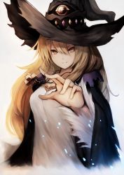 Rule 34 | 1girl, blonde hair, breasts, closed mouth, dorothy (shingeki no bahamut), dress, foreshortening, fur trim, hair between eyes, hat, highres, jewelry, long hair, looking at viewer, md5 mismatch, medium breasts, necklace, reaching, reaching towards viewer, resolution mismatch, shadowverse, shingeki no bahamut, smile, snm (sunimi), solo, source smaller, white dress, witch hat, yellow eyes