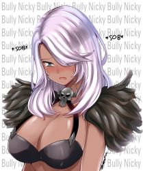 Rule 34 | 1girl, blue eyes, blush, breasts, character name, cleavage, collarbone, crying, crying with eyes open, dark-skinned female, dark skin, english text, fur, fur trim, hair over one eye, highres, horns, king&#039;s raid, large breasts, light purple hair, long hair, nicky (king&#039;s raid), open mouth, signature, skull, skull print, solo, tagme, tears, teeth, upper body, upper teeth only, z666ful