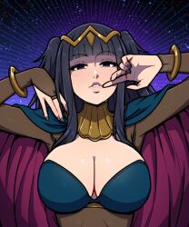 Rule 34 | 1girl, akairiot, black hair, blunt bangs, bodystocking, bodysuit, bracelet, breasts, bridal gauntlets, cape, circlet, cleavage, commentary, english commentary, fire emblem, fire emblem awakening, jewelry, large breasts, long hair, looking at viewer, nintendo, skin tight, smile, solo, tharja (fire emblem), tiara, two side up