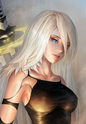 Rule 34 | absurdres, android, armlet, bantish, blue eyes, breasts, highres, joints, long hair, medium breasts, mole, mole under mouth, nier (series), nier:automata, pink lips, robot joints, silver hair, sword, sword behind back, tank top, upper body, weapon, a2 (nier:automata)
