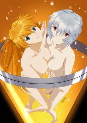 Rule 34 | 2girls, absurdres, ass, ayanami rei, blue eyes, blue hair, breasts, butt crack, darshima, evangelion: 3.0+1.0 thrice upon a time, floating, from above, highres, large breasts, lcl, long hair, looking at viewer, multiple girls, neon genesis evangelion, nipples, nude, orange hair, rebuild of evangelion, red eyes, short hair, souryuu asuka langley