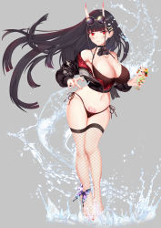 Rule 34 | 1girl, absurdres, alternate costume, azur lane, bikini, black hair, black jacket, breasts, brown bikini, cleavage, covered erect nipples, cropped jacket, cup, fishnet thighhighs, fishnets, full body, grey background, highres, holding, holding cup, horns, jacket, large breasts, long hair, nail polish, ningmeng, noshiro (azur lane), oni horns, pubic tattoo, red eyes, red nails, round eyewear, side-tie bikini bottom, simple background, solo, swimsuit, tattoo, thighhighs, zipper