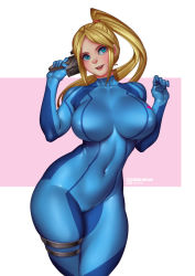 Rule 34 | 1girl, arms up, blonde hair, blue bodysuit, blue eyes, blush, bodysuit, bokuman, breasts, covered erect nipples, covered navel, gun, high ponytail, hip focus, holding, holding gun, holding weapon, large breasts, metroid, narrow waist, nintendo, parted lips, ponytail, samus aran, skin tight, smile, solo, standing, thick thighs, thigh strap, thighlet, thighs, weapon, zero suit