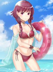 Rule 34 | 1girl, adapted costume, bikini, blush, breasts, cleavage, cloud, cloudy sky, collarbone, commentary request, day, fire emblem, fire emblem: the sacred stones, groin, haru (nakajou-28), highres, holding, holding swim ring, innertube, looking at viewer, low twintails, lute (fire emblem), navel, nintendo, ocean, purple bikini, purple eyes, purple hair, red bikini, sarong, see-through, short hair, side-tie bikini bottom, sky, small breasts, solo, standing, swim ring, swimsuit, twintails, wading, water, wristband