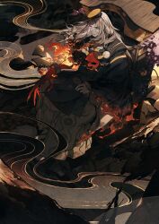 Rule 34 | 1boy, absurdres, beard, burning, closed mouth, facial hair, fire, flower, from side, full body, grey eyes, grey hair, hand on own knee, hat, highres, japanese clothes, long hair, long sleeves, mask, official art, oni mask, onmyoji, onmyoji: the card game, onmyouji, patterned clothing, rindo karasuba, sitting, solo