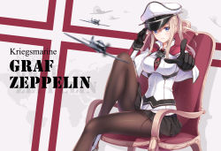 Rule 34 | 10s, 1girl, black gloves, black pantyhose, black skirt, blonde hair, blue eyes, breasts, chair, character name, german text, gloves, graf zeppelin (kancolle), hat, highres, kantai collection, large breasts, looking at viewer, ltt challenger, miniskirt, pantyhose, revision, short hair, sitting, skirt, solo