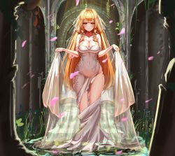 Rule 34 | 1girl, absurdres, ag-2c sirene, blonde hair, breasts, cleavage, dress, full body, highres, large breasts, last origin, lilac (k32420276), long hair, looking at viewer, navel, red eyes, skindentation, smile, solo, veil, wedding dress, white dress