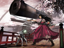 Rule 34 | &gt; &lt;, 1girl, architecture, black hair, boots, cannon, cherry blossoms, east asian architecture, closed eyes, gun, huge weapon, japanese clothes, katana, open mouth, robot, solo, sword, vanipo, weapon
