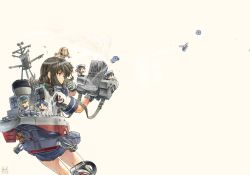 Rule 34 | 1girl, ;(, bad id, bad twitter id, black gloves, black hair, blue skirt, braid, brown eyes, cannon, cowboy shot, depth charge, depth charge projector, fairy (kancolle), from behind, gloves, isonami (kancolle), kantai collection, long hair, machinery, nogiguchi kohiro, pleated skirt, school uniform, serafuku, sidelocks, simple background, skirt, turret, twin braids, white background
