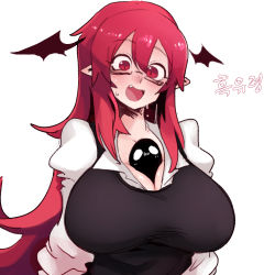 Rule 34 | 1girl, :d, bespectacled, between breasts, black vest, blush, breasts, cleavage, fang, full-face blush, glasses, hair between eyes, head wings, highres, koakuma, large breasts, long hair, looking down, nyong nyong, open mouth, red eyes, red hair, semi-rimless eyewear, shirt, simple background, smile, solo, touhou, upper body, very long hair, vest, white background, white shirt, wings