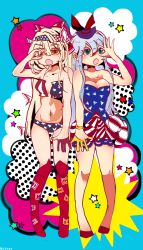 Rule 34 | 2girls, alternate costume, alternate eye color, alternate hair color, american flag dress, american flag panties, american flag print, bandana, blonde hair, blue background, blue eyes, blue hair, boots, bow, breasts, brown eyes, cleavage, cloud, colored eyelashes, commentary request, dress, flag print, fujiwara no mokou, full body, hair bow, hair over shoulder, hand gesture, hand over eye, hat, highres, kamishirasawa keine, kaneda tamago, knee boots, long hair, looking at viewer, looking up, multiple girls, open mouth, pigeon-toed, polka dot, pop art, print panties, red footwear, ribbon trim, shoes, short dress, simple background, small breasts, sparkle, star (symbol), touhou, very long hair