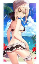 Rule 34 | 1girl, apron, artoria pendragon (all), artoria pendragon (alter swimsuit rider) (fate), artoria pendragon (alter swimsuit rider) (second ascension) (fate), artoria pendragon (fate), ass, bad id, bad twitter id, bare arms, bare back, beach, bikini, black bikini, blonde hair, blue sky, braid, breasts, bridal garter, cloud, contrapposto, cowboy shot, day, eating, fate/grand order, fate (series), flower, food, french braid, frilled bikini, frilled skirt, frills, from behind, hair ribbon, hibiscus, horizon, lace, lace-trimmed bikini, lace trim, lens flare, looking at viewer, looking back, maid, maid bikini, maid headdress, medium breasts, mouth hold, ocean, outdoors, palm tree, petals, popsicle, ribbon, rin yuu, saber alter, short hair, sideboob, sidelocks, signature, skirt, sky, solo, standing, summer, swimsuit, tree, unconventional maid, water, yellow eyes