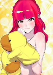 Rule 34 | 1girl, blush, brown eyes, character request, collarbone, copyright request, dytm, hand puppet, highres, lens flare, lips, long hair, nude, puppet, red hair, solo, stuffed animal, stuffed duck, stuffed toy, upper body, yellow background