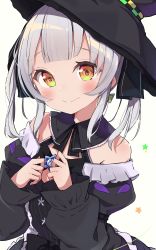 Rule 34 | 1girl, absurdres, bare shoulders, black bow, black dress, black hat, black sleeves, blunt bangs, blush, bow, brown eyes, closed mouth, commentary request, detached sleeves, dress, hands up, hat, highres, hololive, juliet sleeves, long sleeves, looking at viewer, murasaki shion, murasaki shion (gothic lolita), okota mikan, puffy sleeves, silver hair, simple background, sleeves past wrists, smile, solo, star (symbol), twintails, virtual youtuber, white background, witch hat