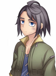 Rule 34 | 1boy, ahoge, arms at sides, blue eyes, brown hair, commentary request, expressionless, gundam, gundam tekketsu no orphans, highres, jacket, looking at viewer, low neckline, male focus, mikazuki augus, neit ni sei, open clothes, open jacket, parted bangs, purple shirt, shirt, smudge, solo