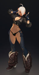 Rule 34 | 1girl, absurdres, angel (kof), blue eyes, boots, bra, breasts, chaps, cowboy boots, cropped jacket, duto, horns pose, fingerless gloves, gloves, hair over one eye, highres, index fingers raised, jacket, large breasts, leather, leather jacket, looking at viewer, midriff, navel, navel piercing, piercing, pubic tattoo, shirt, snk, solo, strapless, strapless bra, tattoo, the king of fighters, the king of fighters xiv, toned, underwear, white shirt
