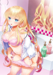 Rule 34 | 1girl, :p, ass, bare shoulders, bathroom, blonde hair, blue eyes, blush, bow, bow panties, bra, breasts, butt crack, cleavage, collarbone, commentary request, cowboy shot, eyelashes, faucet, fingernails, frilled sleeves, frills, highres, indoors, kumehara chiyota, lace, lace-trimmed shirt, lace trim, large breasts, legs apart, long fingernails, long hair, long sleeves, looking at viewer, mirror, navel, off shoulder, open clothes, open shirt, original, panties, panty pull, pink bra, pink panties, pulled by self, shirt, sink, smile, solo, standing, stomach, tongue, tongue out, towel, twitter username, underwear, very long hair, white shirt, white towel