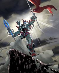 Rule 34 | 1girl, autobot, cliff, flag, full body, glowing, highres, holding, holding sword, holding weapon, mecha, no humans, outdoors, robot, solo, standing, sword, transformers, victorion, weapon