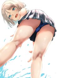Rule 34 | 1girl, ass, blue eyes, brown hair, from below, highres, looking at viewer, love live!, love live! sunshine!!, ponnu (nikeytina), short hair, skirt, sleeves rolled up, smile, solo, splashing, swimsuit, swimsuit under clothes, thighs, watanabe you, water