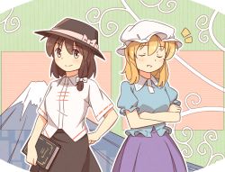 Rule 34 | 2girls, black hat, black skirt, blonde hair, blouse, blue shirt, book, bow, bowler hat, brown eyes, brown hair, closed eyes, collar, commentary request, crossed arms, frilled shirt, frills, hair bow, hand on own hip, hat, hat ribbon, juliet sleeves, long sleeves, maribel hearn, mob cap, mountain, multiple girls, puffy sleeves, purple skirt, ribbon, shirt, short hair, short sleeves, skirt, smile, striped, striped background, touhou, unagi sango, usami renko, white bow, white ribbon, white shirt