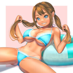 Rule 34 | 1girl, bikini, blue bikini, blue eyes, breasts, brown hair, cleavage, commentary request, frilled bikini, frills, grin, highres, holding, holding hair, innertube, large breasts, long hair, low twintails, original, pink background, smile, solo, spread legs, swim ring, swimsuit, tan, tanline, twintails, two-tone background, uzuki mei