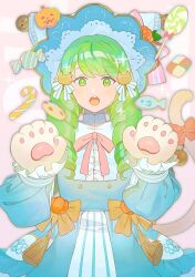Rule 34 | 1girl, candy, candy cane, cat girl, cat hair ornament, cat tail, cookie, dress, fake tail, fire emblem, fire emblem: three houses, fire emblem heroes, flayn (fire emblem), flayn (halloween) (fire emblem), food, green eyes, green hair, hair ornament, hairclip, halloween costume, highres, jack-o&#039;-lantern, kyufe, nintendo, official alternate costume, solo, swept bangs, tail