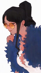 Rule 34 | 1girl, black hair, commentary, dress, feather boa, highres, jewelry, looking at viewer, mygiorni, necklace, nico robin, one piece, one piece film: gold, open mouth, orange-tinted eyewear, pearl necklace, ponytail, sidelocks, simple background, smile, solo, sunglasses, tinted eyewear, upper body, white background, white dress