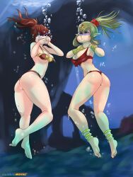 Rule 34 | 2girls, absurdres, anna (fire emblem), asphyxiation, ass, bikini, breasts, cleavage, diving, drowning, fire emblem, green eyes, green hair, highres, holding breath, ichduhernz, large breasts, medium breasts, multiple girls, nintendo, puffy, red hair, swimsuit, thighs, tiki (adult) (fire emblem), tiki (adult) (summer) (fire emblem), tiki (fire emblem), underwater