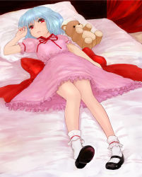Rule 34 | 1girl, aturou0129, bad id, bad pixiv id, blue hair, female focus, highres, lying, mary janes, on back, red eyes, remilia scarlet, ribbon, shoe dangle, shoes, short hair, solo, stuffed animal, stuffed toy, teddy bear, touhou
