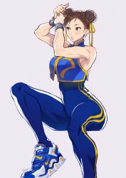 Rule 34 | 1girl, bare shoulders, blue unitard, bow, bracelet, breasts, brown eyes, brown hair, capcom, chinese clothes, chun-li, closed mouth, crop top, double bun, earrings, hair bow, hair bun, hair ornament, hands up, highres, jewelry, large breasts, lips, looking up, muscular, muscular female, nike (company), pearl earrings, shoes, simple background, sitting, skin tight, sleeveless, sneakers, solo, street fighter, street fighter zero (series), sumustard, unitard, yellow bow