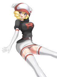 Rule 34 | absurdres, belt, belt buckle, beret, blonde hair, buckle, creatures (company), domino (pokemon), elbow gloves, feet out of frame, game freak, gloves, hat, highres, looking to the side, nintendo, open mouth, pointing, pokemon, pokemon (anime), pokemon (classic anime), purple eyes, short sleeves, shoukin500, skirt, smile, team rocket, team rocket uniform, thighhighs, twintails, white background, white gloves, white legwear