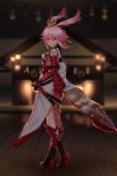 Rule 34 | 1girl, absurdres, architecture, armor, back, bare shoulders, black footwear, blurry, blurry background, boots, closed mouth, east asian architecture, full body, gauntlets, hair between eyes, hair ornament, high heel boots, high heels, highres, holding, holding sword, holding weapon, honkai (series), honkai impact 3rd, indoors, japanese armor, japanese clothes, katana, looking at viewer, looking back, pink hair, purple eyes, qian yi, sheath, sheathed, single gauntlet, smile, solo, standing, sword, temple, weapon, yae sakura, yae sakura (flame sakitama)