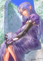 Rule 34 | 1girl, absurdres, black gloves, blue eyes, blue hair, braid, breasts, cape, choker, dress, fate/stay night, fate (series), gloves, highres, large breasts, long hair, long sleeves, looking at viewer, medea (fate), parted bangs, pointy ears, purple cape, purple dress, side braid, sidelocks, sitting, smile, solo, tonko from