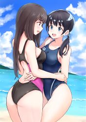 Rule 34 | 2girls, :d, arched back, ass, asymmetrical docking, back, back cutout, beach, black hair, black one-piece swimsuit, blue eyes, blue one-piece swimsuit, blunt bangs, blush, breast press, breasts, brown hair, clothing cutout, collarbone, commentary request, competition swimsuit, cowboy shot, day, eye contact, face-to-face, groin, hand on another&#039;s waist, highleg, highleg swimsuit, highres, horizon, hug, long hair, looking at another, medium breasts, mountainous horizon, multiple girls, nobita (nbnobita), ocean, one-piece swimsuit, open mouth, original, outdoors, profile, purple eyes, small breasts, smile, standing, swimsuit, twintails, waves, yuri