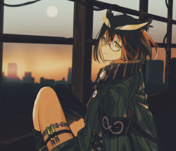 Rule 34 | 1girl, arknights, armband, bad id, bad twitter id, bob cut, brown hair, buttons, cityscape, feather hair, feathers, glasses, high collar, highres, indoors, long sleeves, looking at viewer, looking back, mtfluxx, rhine lab logo, semi-rimless eyewear, silence (arknights), single thighhigh, sitting, steel beam, sunrise, thigh strap, thighhighs, vial, window, wire, yellow eyes