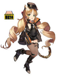 Rule 34 | 1girl, absurdres, aged down, animal ears, arknights, belt, beret, black belt, black footwear, black hat, black jacket, black skirt, black thighhighs, blonde hair, boots, child, collared shirt, covered navel, drill hair, drill sidelocks, earpiece, fh moya, flat chest, full body, green eyes, hat, high heel boots, high heels, highres, jacket, long hair, long sleeves, looking at viewer, open clothes, open jacket, open mouth, pouch, shirt, sidelocks, sign, simple background, skirt, solo, swire (arknights), tail, tail ornament, tail ring, thigh pouch, thighhighs, tiger ears, tiger girl, tiger tail, very long hair, warning sign, white background, white shirt