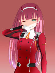 Rule 34 | 1girl, absurdres, biting, biting own thumb, buttons, darling in the franxx, double-breasted, gloves, green eyes, hairband, hand up, highres, horns, igarashi kyouhei, jacket, long hair, long sleeves, looking at viewer, necktie, no nose, one eye closed, pink hair, red jacket, short necktie, smile, solo, biting own thumb, white gloves, yellow necktie, zero two (darling in the franxx)