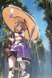 Rule 34 | 1girl, :d, absurdres, armor, bamboo, bamboo forest, blush, breasts, brown eyes, clothing cutout, forest, goddess of victory: nikke, gourd, grey hair, haidate, hat, highres, holding, holding gourd, japanese armor, jingasa, large breasts, large hat, leg cutout, leotard, long hair, looking at viewer, nature, open mouth, outdoors, scarlet (nikke), sheath, shoulder armor, smile, sode, solo, sword, tai (e3d1p), weapon, weapon on back, white leotard