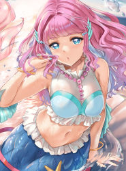 Rule 34 | 1girl, absurdres, arm support, blue eyes, bracelet, breasts, fins, head fins, highres, jewelry, kamishiro ryuu, laura (precure), long hair, looking at viewer, medium breasts, mermaid, midriff, monster girl, nail polish, navel, partially submerged, pink hair, precure, sleeveless, solo, tropical-rouge! precure, water, wet