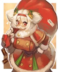 Rule 34 | 1girl, alvis (last origin), bag, breasts, character request, chocolate, christmas, dress, facial hair, female focus, highres, large breasts, larribee, last origin, mustache, red dress, red eyes, solo, standing, white hair