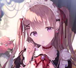 Rule 34 | 1girl, amulet, bandaid, black bow, black dress, blush, bow, bowtie, brown hair, candle, choker, closed mouth, collar, commentary request, dengeki moeou, dress, earrings, flower, frilled choker, frilled collar, frills, hair ornament, hair ribbon, hairclip, hand up, holding bandaid, jewelry, kappe reeka, leaf, long hair, looking at viewer, maid, maid headdress, mouth hold, nail polish, original, portrait, purple eyes, red bow, red bowtie, red choker, red flower, red ribbon, ribbon, shade, solo, two side up, vase, wrist cuffs